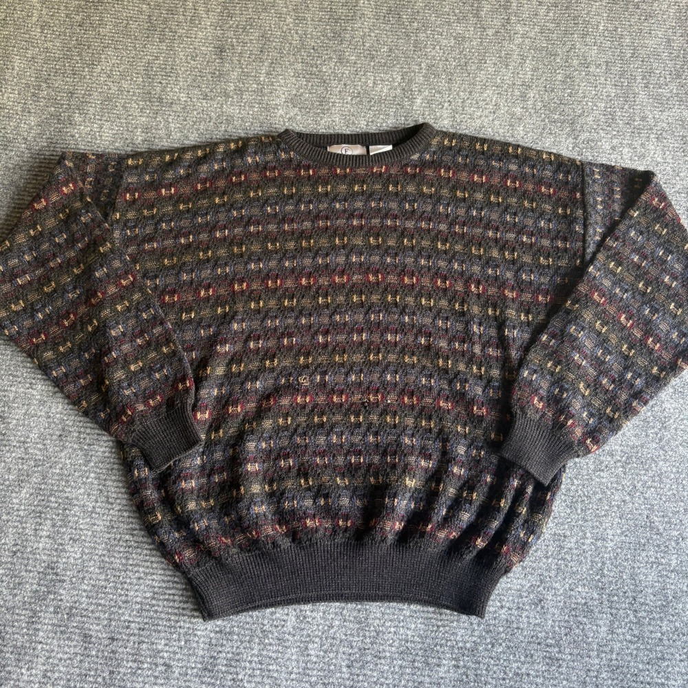 Farah Mens Large Vintage 90s Geometric Textured Knit Sweater Brown Multicolor L